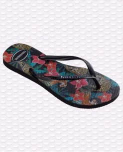 INFRADITO DONNA HAVAIANAS SLIM TROPICAL NERE CON MOTIVO FLOREALE
